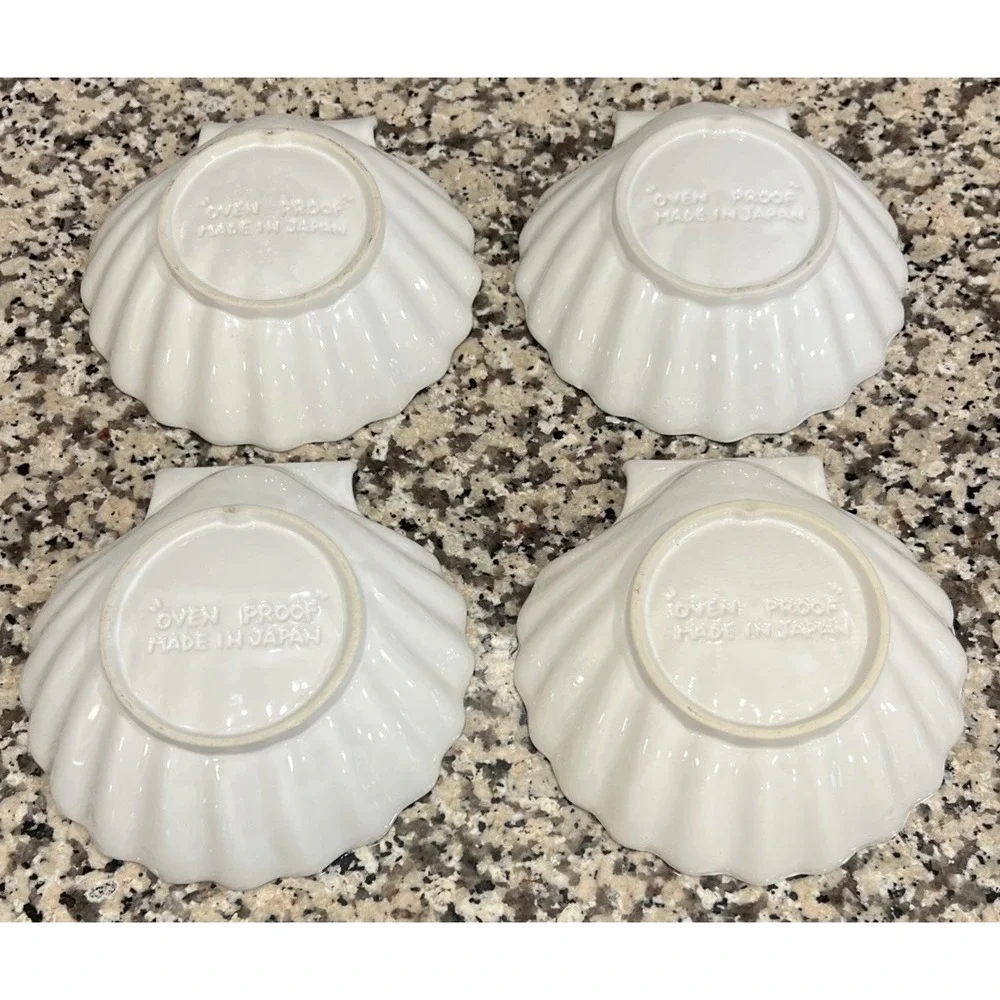 Lot of 4 Vtg‎ White Scallop Shell Baking Dish Oven Proof Japan Trinket Soap Dish